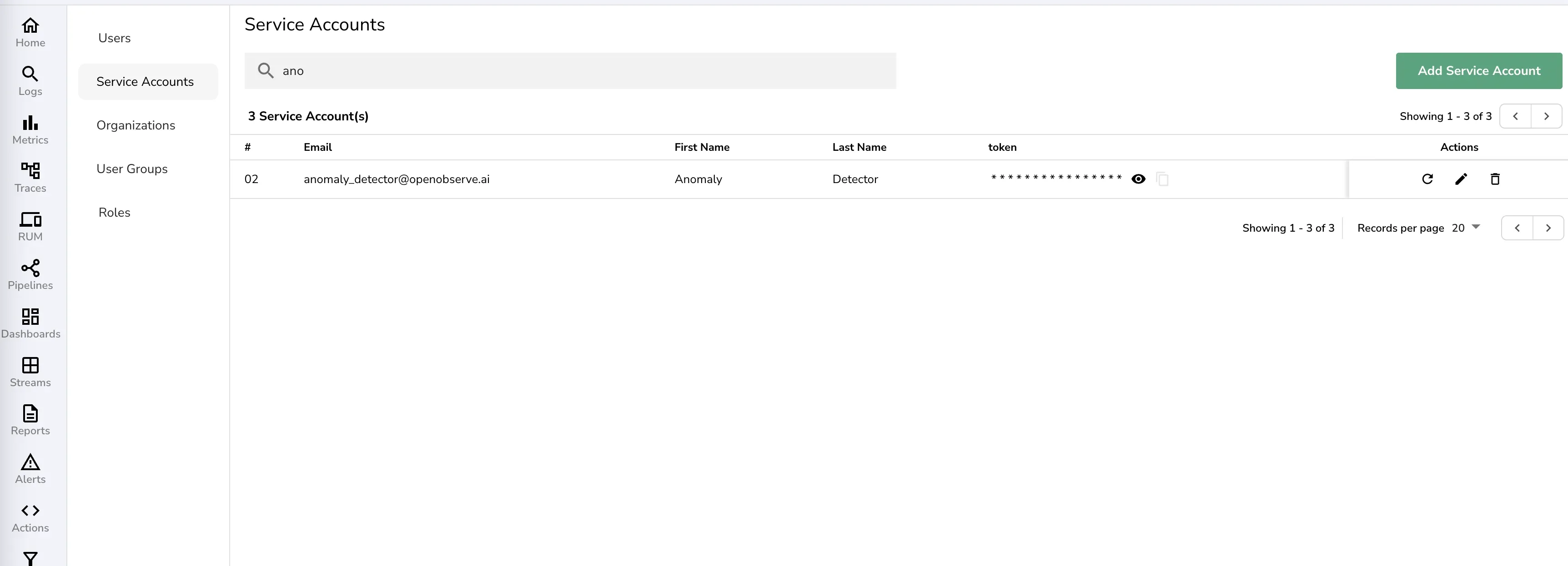 OpenObserve service account setup